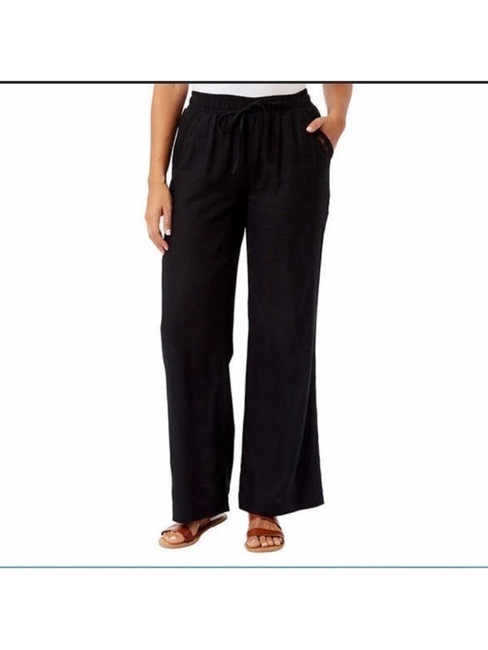 New-briggs Linen Blend, Relaxed Fit, Drawstring Waist, Wide Leg, Pants Black